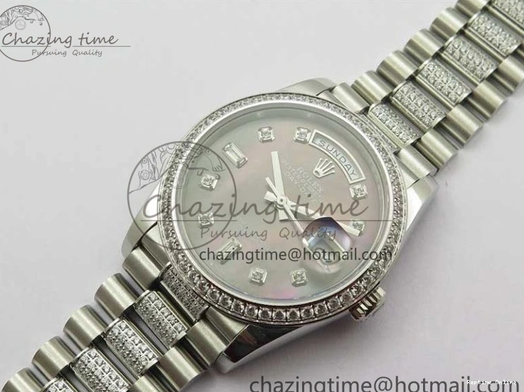 0517 SmoothTexture Day-Date 36mm 128239 SS Crystal BP Best Edition Black MOP Crystal Marker Dial on SS President Bracelet A 2681
